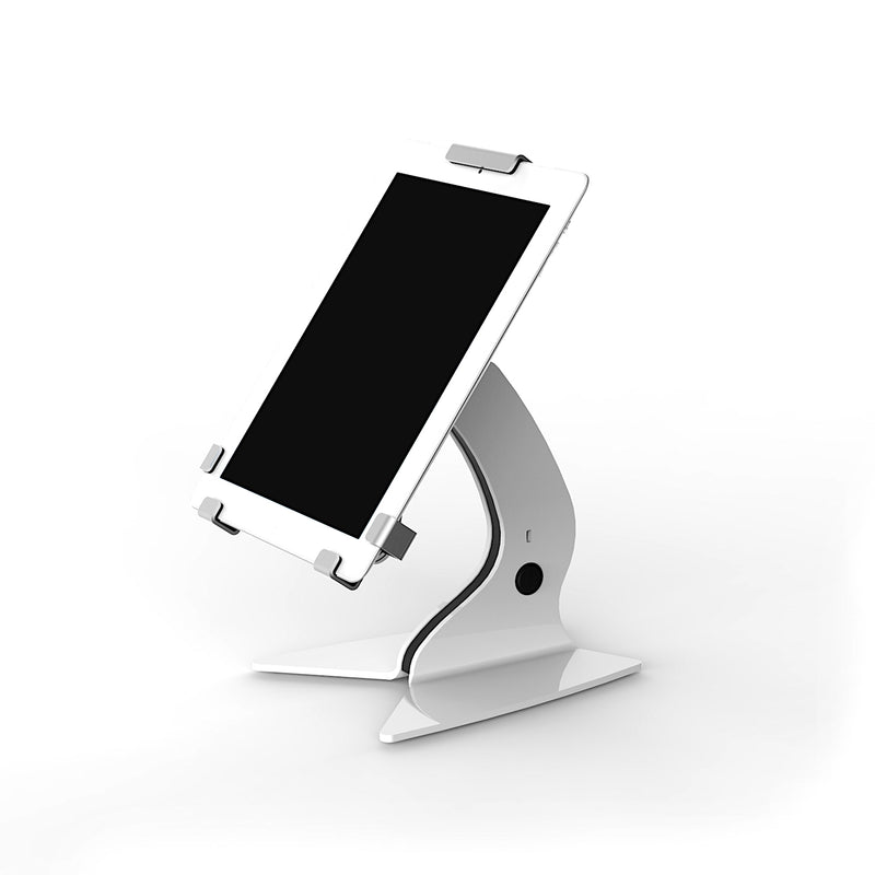 Full view of a mounted iPad in the white counter stand IPAD-CS-GR-WH-10